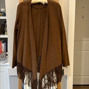 NWT Western Fringed Womens Jacket Cowboy Open Front Faux suede sleeved BoHo wrap